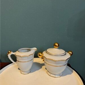 Vintage CH-R France Art Deco Style White Gold Accents Porcelain Sugar & Creamer